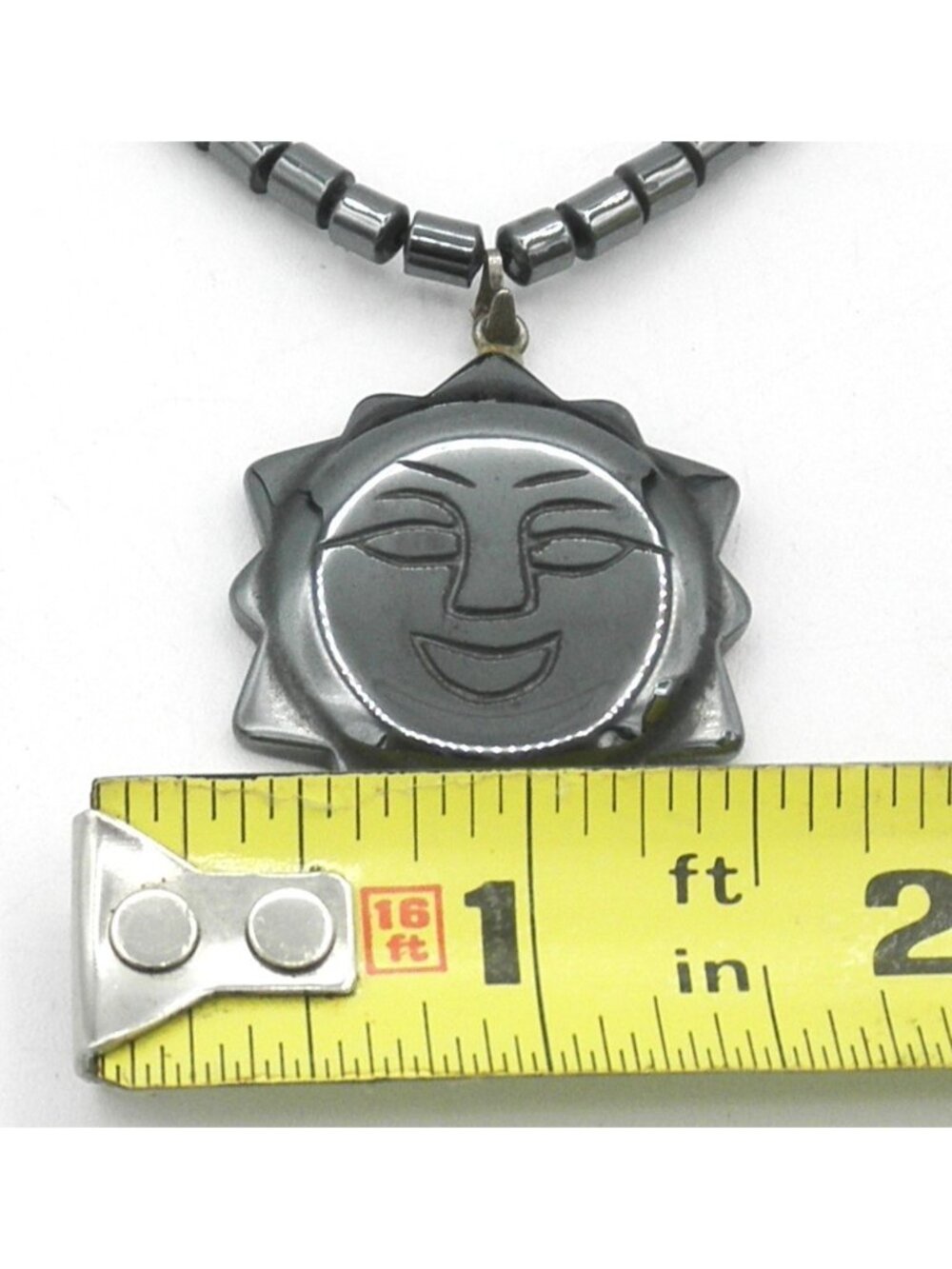 Hematite Beaded Necklace Metallic Gray Black With Sun Face Pendant 17 Inches - Picture 5 of 7